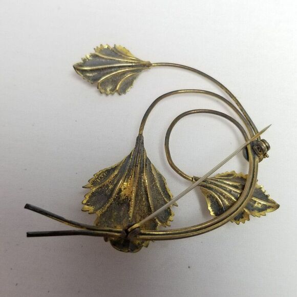 Vintage Sterling Silver Gold Plated Spiral Leaf Design Brooch, Large Estate - Picture 3 of 8